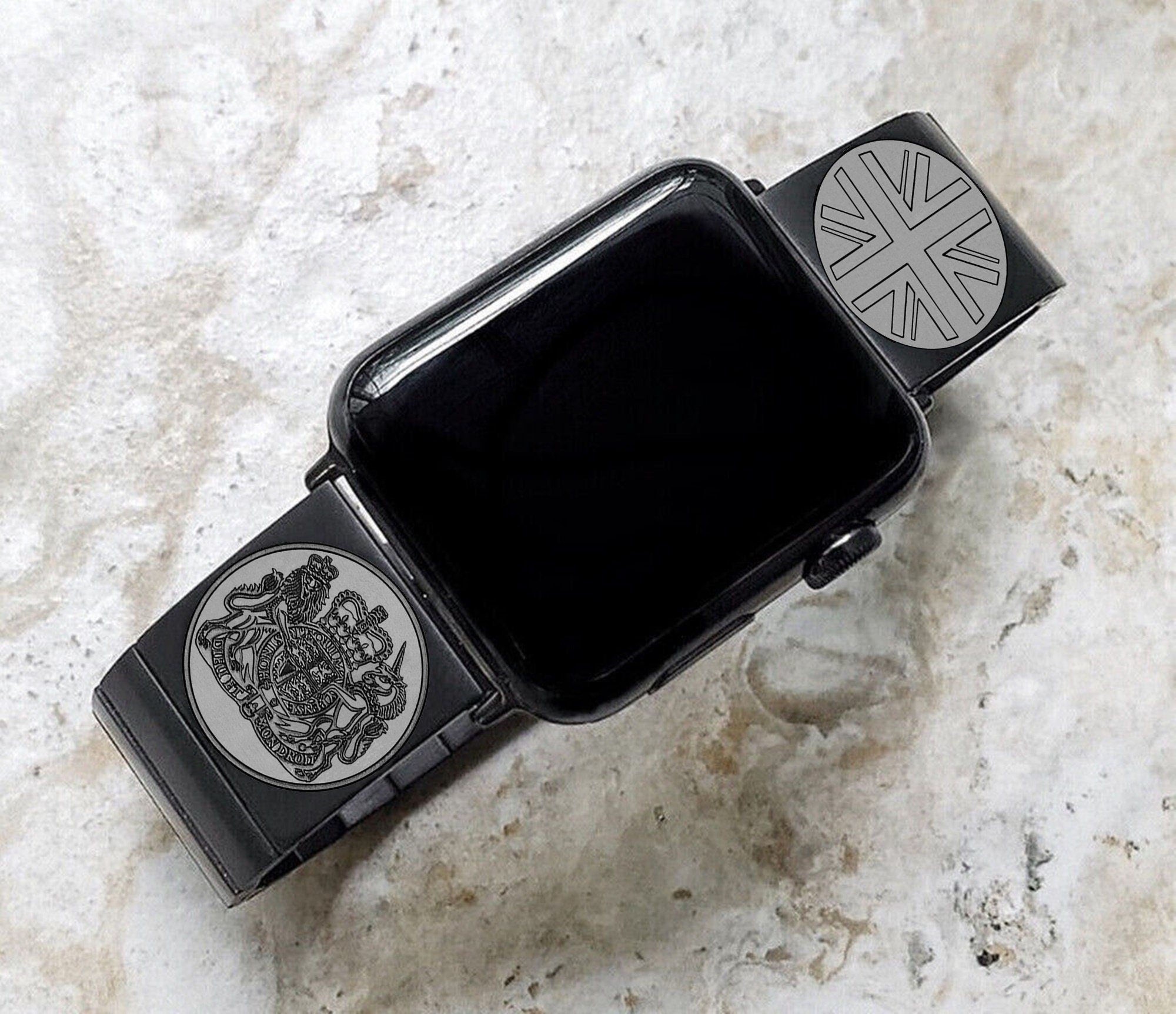 Apple Watch Band Great Britain UK Symbols for Ultra 2 9 8 7 SE 6 5 4 3 2 Series 49mm 45mm 44mm 42mm 41mm 40mm 38mm Engraved Black Strap UKS